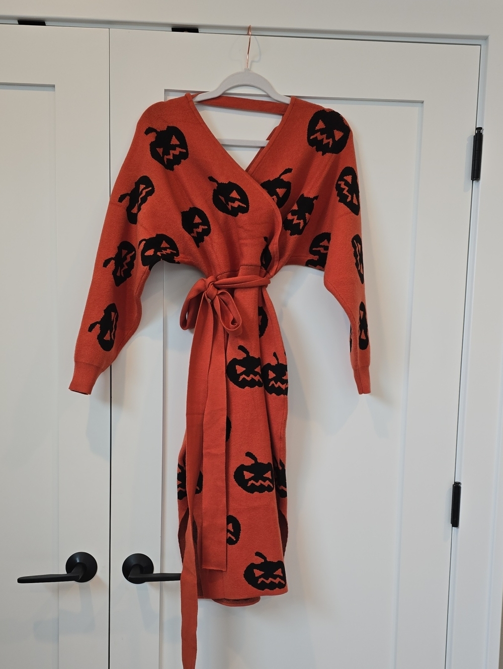 Women’s Orange Pumpkin-Print Wrap Sweater Dress